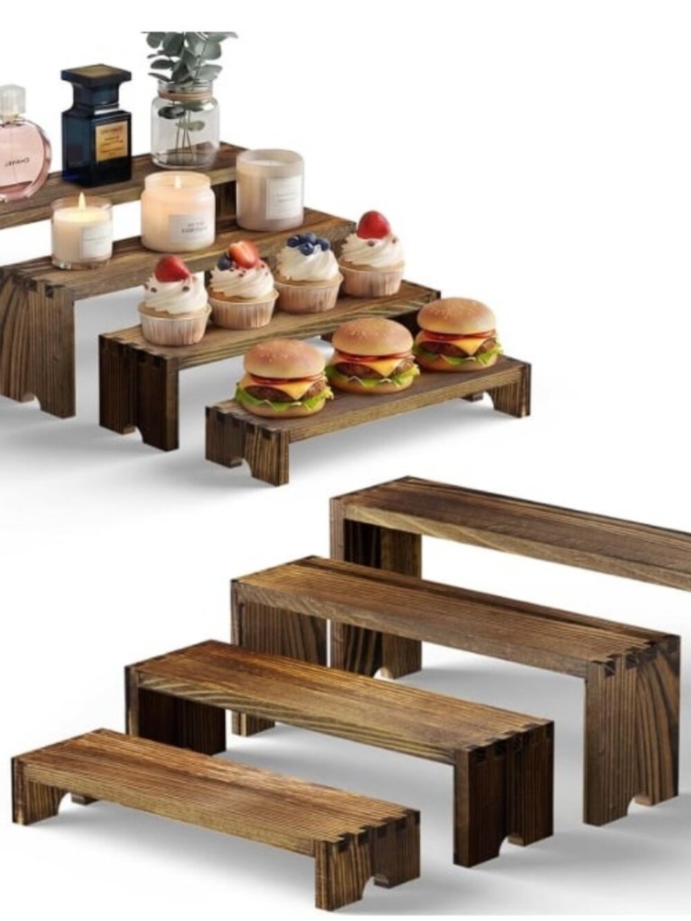 BNIB 2 Set Large Wooden Tiered Riser Display Stands (12" 11" 10.2" 9.5")